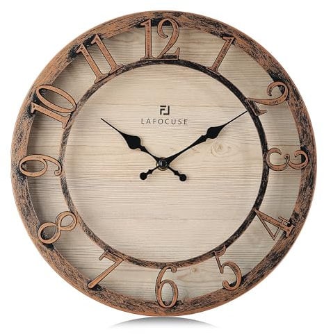 Lafocuse Vintage Wanduhr Lautlos Braun, Retro Große Erhöhte 3D-Ziffern, Landhausstil Stille Shabby Chic Antik Deko Ohne Ticken für Wohnzimmer Schlafzimmer Küche 30cm