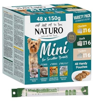 Naturo Adult Mini For Smaller Breeds Variety Pack 48 × 150g Pouches With Buddy's Dog Brush