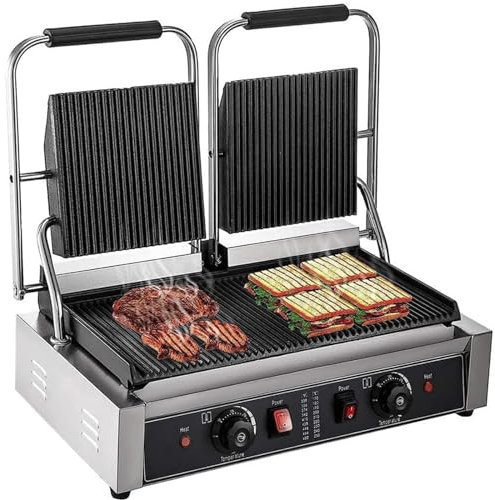 RUYICZB Prensa Comercial para Parrilla Panini, 2 Placas Dobles De 1800 W, Sandwichera Eléctrica De Acero Inoxidable, Control De Temperatura 50-300°C, Superficie Antiadherente
