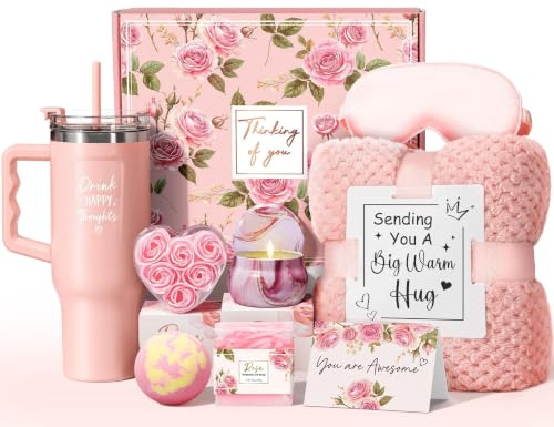 Geburtstagsgeschenke für Frauen, Selbstpflege-Geschenke, Genesung, Rose, entspannendes Spa-Geschenkkorb, Pflegepaket mit luxuriöser Flanelldecke, 1,2 l Becher, Weihnachtsgeschenkidee für Mutter