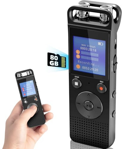 Hinne 80G Digital Voice Recorders-Voice Activated Password Dictaphone 3072Kpbs HD 720° Surround Microphone Recording Device with Headphone, Data Cable for Personal memo, Meeting, Speech (Black)
