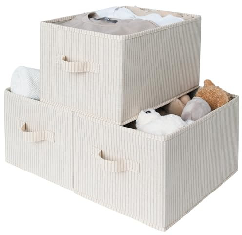 StorageWorks große Stoff Aufbewahrungsbox, rechteckige Schrank Boxen Aufbewahrung mit Griffen, faltbare Schrank-Aufbewahrungsboxen für den Hauswirtschaftsraum, beige gestreift, 3 Stück