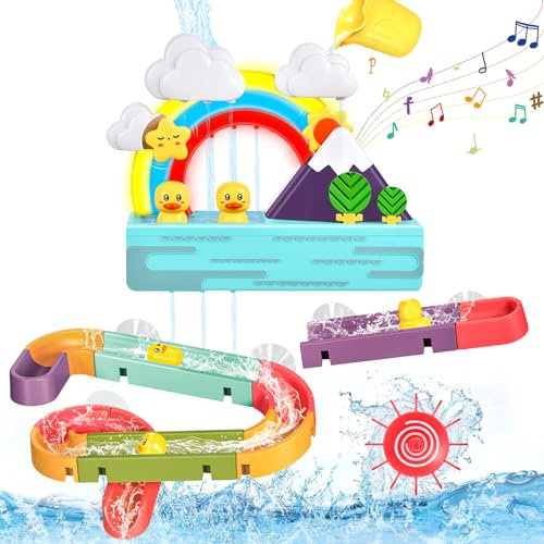 IEEILULU Juguetes Bañera Bebe, Juguetes de Baño para Niños con Música Luminosa, Bañera Juegos Bebe con Pista de Bolas y Juguete de Ventosa, Juguete de baño Set de Regalo para Bebes 3 + Años