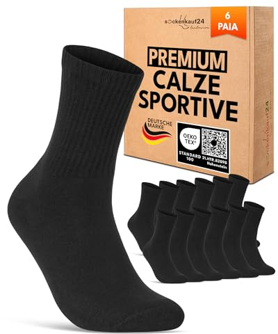 sockenkauf24 Damen Tennissocken (6 Paar) Sportsocken mit verstärkter Ferse & Fußspitze, gepolsterte Sohle Baumwolle Atmungsaktive Retro Crew Socken