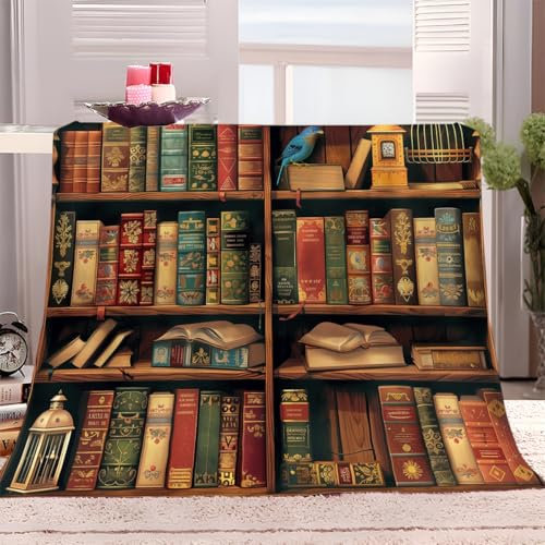XCQHZYQ Kuscheldecke Bücherregal Braun Retro Nostalgisch 200x200 cm Wohndecke Warm Winter Weich Decke Couch Sofa überwurfdecke, Fleece Sherpa Wolldecke für Bett Schlafzimmer Büro