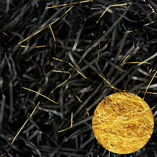 Kayqbonke 250g Raffia Füllmaterial für Pakete, Eine Mischung aus Schwarz und Goldenem Filigran Shredded Tissue Paper, Füllmaterial für Pakete,Geschenkbox,Geschenkkorb und Präsentkorb