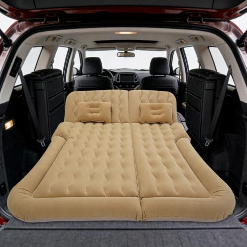 MINRS Auto Matratze 120 x 170 cm Luftmatratze Selbstaufblasend mit Luftpumpe und Kissen wasserdichte Tragbare Aufblasbare Matratze für Reisen Camping Outdoor Aktivitäten (Beige)