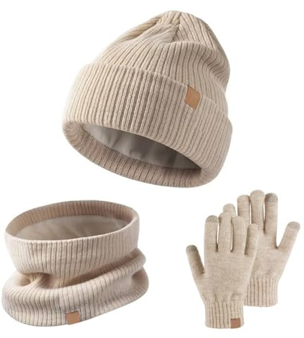SSKHE Lot de 3 bonnets, écharpes, gants d'hiver chauds et thermiques en tricot pour enfants de 5 à 12 ans - Moufles tactiles - Doublure en polaire douce - Élastique - Pour sports de plein air