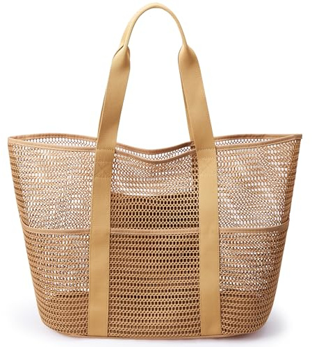 KALIDI FANCY FOREST Mesh Strandtasche Badetasche XXL Familie Große Beach Bag Tote Bag mit Reißverschluss Faltbar Damen Wasserdichte Shopper Tasche Einkauftasche,Braun