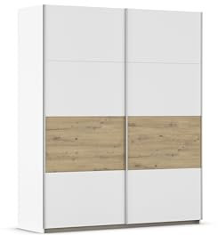 Rauch Möbel Oxford, Schiebetürenschrank, Garderobe, 2-türig, Zubehör Premium, 4 Einlegeböden, 1 Schubkasteneinsatz, Türdämpfer, Farbe Weiß/Eiche Artisan, Holz, Griffleisten Alufarben, 175x210x59cm