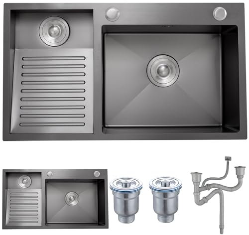 ASKLFNEI Bañera de lavandería Negra, Acero Inoxidable doméstico del balcón de 70cm, Lavabo de 80cm con lavavajillas, fácil de Limpiar Piscina de lavandería de Doble Fregadero(A,80x48x22cm)