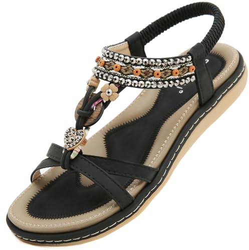 Acfoda Sandali Donna Estive Piatto Eleganti Infradito Bohemia Sandalo de Spiaggia Casual Comodi Scarpe Bassi Ortopedici Strass Sandale Nero 38