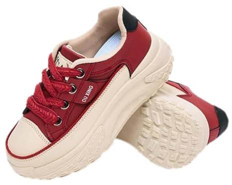 Chouiss Sneakers for Women,Lace Up Thick Soled Non Slip Sports Shoes, Breathable, Stylish,Running,Shopping,Red,Size 9.5