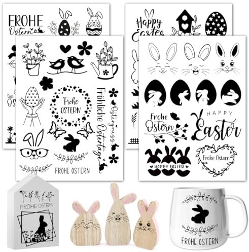 Rub On Sticker Ostern, 4pcs Rub On Sticker Ostereier Osterhasen Blumen, Transferaufkleber Selbstklebend Frohe Ostern Frühling für Glas Holz Möbel Keramik