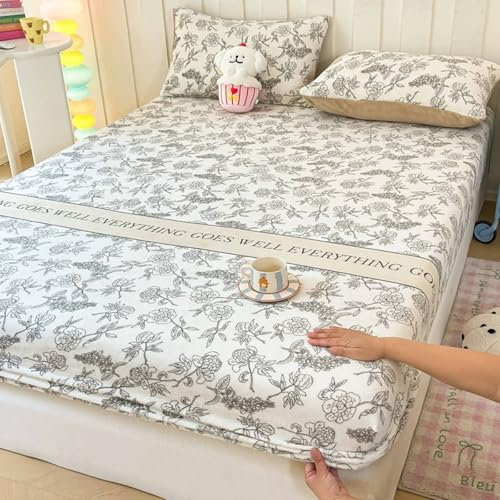 Spannbetttücher Boxspringbett, Blumenzweig Muster Milch Samt Bettwäsche Spannbetttuch Grau, Weich und Knitterfrei, Komfortabel, Stil 5 | 180x200cm