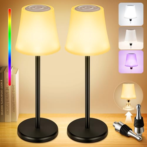 Cordless Rechargeable LED Table Lamp - Bottle Lamp Converter Kit, 5200mAh, 7-Mode Touch Dimmable, 3 Colour Temperatures & 9 RGB Colour, IP54 Waterproof for Dining Room, Patio, Bottle Decor- Pack of 2