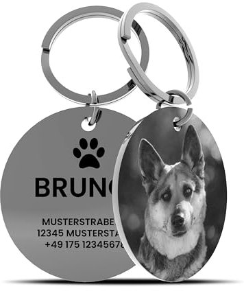 Meinearmbänder Personalisierte Hundemarke mit Foto – ⌀30mm Runder Hundeanhänger aus Edelstahl in Silber – Mit Gravur/Text oder Adresse auf der Rückseite – Robuster ID-Tag für Hunde