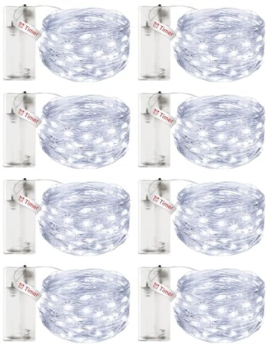 litogo 8 Stück Lichterkette Batterie Timer, 3M 30 LED Lichterkette Innen Wasserdicht Kupferdraht Fairy Lights, Lichterketten Batteriebetrieben (AA Batterie) für Weihnachten Hochzeit Deko, Kaltes Weiß