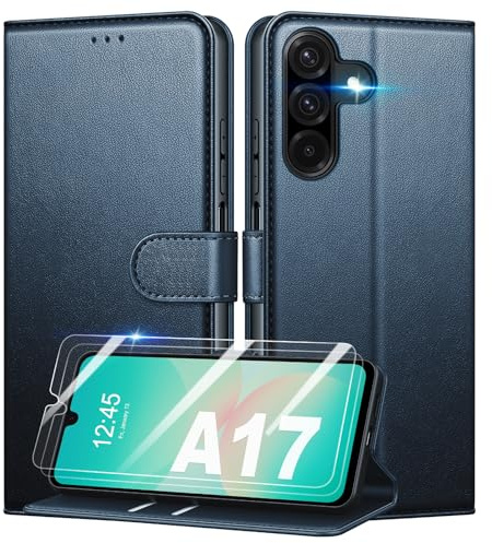 Mofurd Handyhülle für Samsung Galaxy A17 4G/ 5G Hülle Mit 2 Panzerfolie, [RFID-Blockierung] [Kartenfach] [Ständer] Premium PU Magnet Klappbar hülle mit Panzerglas, Multifunktional, Blau