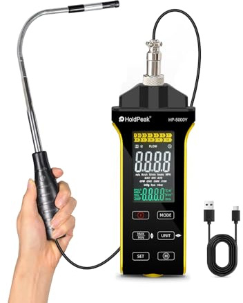 HOLDPEAK Anemometri professionale a filo caldo - Misuratore digitale preciso della velocità del vento per CFM/CMM, con misurazione della temperatura, sonda telescopica, display illuminato ed