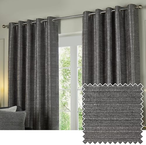 Paoletti Jupiter Room Darkening Eyelet Curtain Pair – Elegant Jacquard Chenille Lined Ring Top Drapes (Graphite - 117x183cm)