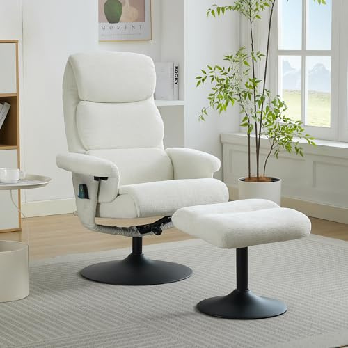 REXO Poltrona relax con funzione sdraiata e massaggio a 5 punti, poltrona TV con funzione di riscaldamento elettrico e sgabello, girevole a 360°, tessuto ciniglia, bianco