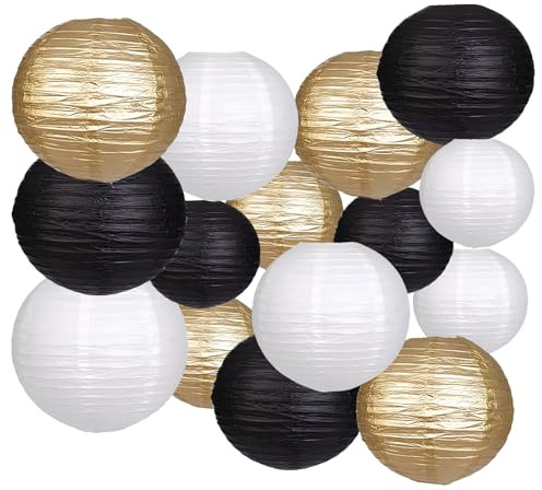 Pyuyan 15 Stück Hängende Papierlaternen, Rund Hängende Papierlaternen, Papier Lampions Schwarzer Gold Weiß, für Braut Hochzeitsdekorationen Geburtstagsfeier Gartenparty