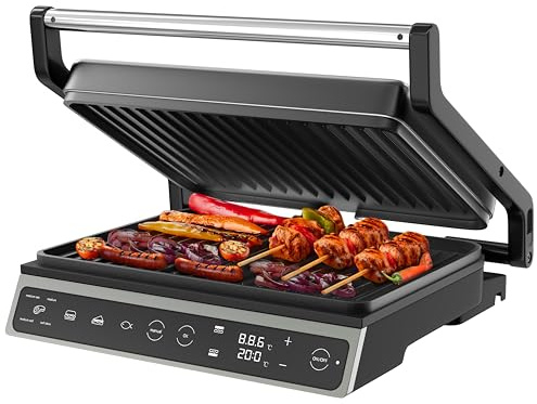 Olvy Piastra Grill con Touchscreen - Senza PFAS - 7 Programmi Automatici - Apertura 180° 1800W - Piastre Antiaderenti - Termostato & Timer - Piastra Panini & Tostiera in Acciaio Inox