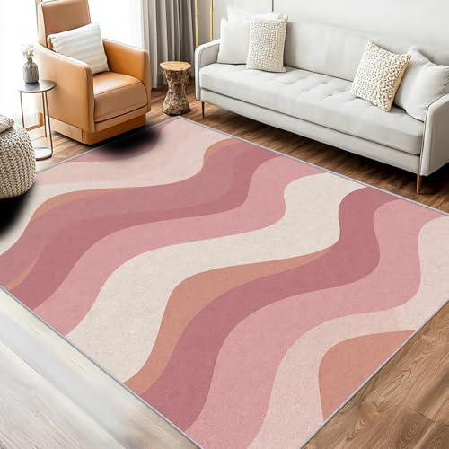 Générique Tapis Vague Abstraite, Grand Tapis de Chambre Salon, Motif Rose Poudré Beige, 140x200, Antidérapant, Lavable, Doux, Poil Ras, Decoration Maison A4900