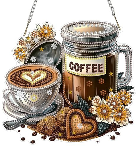 MXJSUA Kaffee-Dessert Diamond Painting Anhänger mit Kette Erwachsene, Diamant Painting Fensterbilder Hängende Ornament Bastelset Set für Wand Und Eingang Decor