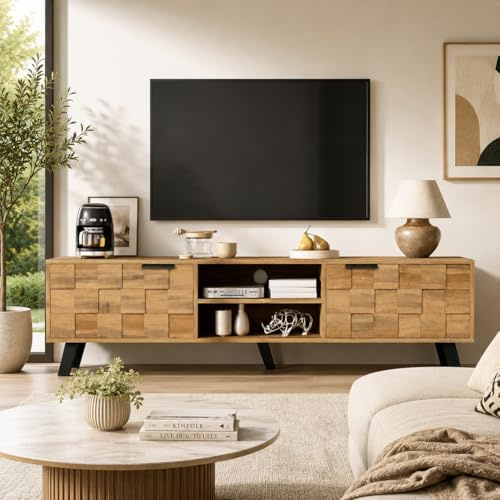 OLIVIBED TV Stand with Storage, Mid Century Modern TV Table up to 65 Inch, Entertainment Center with 2 Doors and Partition, TV Bench for Living Room, Bedroom, Wood Color