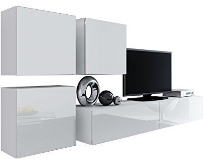 Wohnwand Vigo XXIII, Design Mediawand, Modernes Wohnzimmer Set, Anbauwand, Hängeschrank TV Lowboard, (Weiß/Weiß Hochglanz)