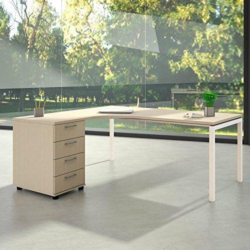 Weber Büro Winkelschreibtisch mit Standcontainer NOVA XL 180x163cm Ahorn Eck-Schreibtisch, Gestellfarbe:Weiß