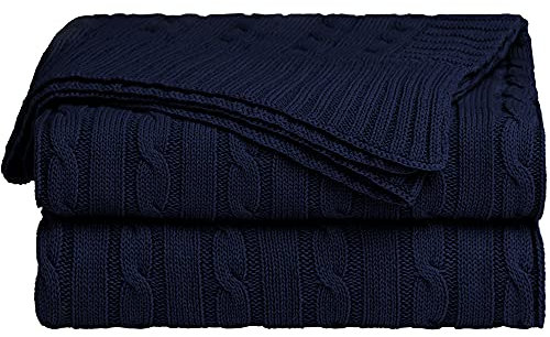 sourcing map Suave 100% Algodón Punto Manta para Sofá y Diván Ligero Cable Tejida Cobija Casa Decorativo Cobija Azul Marino 47 x 70