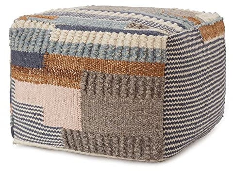 URBANARA Pouf Brahmani, großes Bodenkissen Patchwork-Look, 50x50x35 cm, 60% Wolle, 30% Baumwolle & 10% Jute, Sitzkissen Sitzsack Sitzhocker Fußhocker mit Füllung