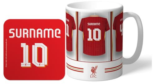 Personalisierte Umkleidekabinen-Shirts Foto 11oz Becher & Untersetzer Set für Liverpool FC Fans, offiziell lizenziert, mit Vereinsfarben, ideal für Reds Fans