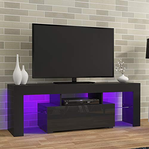 LED TV CABINETS, PALDIN® TV Unit 130cm TV stand with Multi-colour LED RGB Lights Modern High gloss Door & Matt Body TV Cabinet with large media storage drawer for Living Room (Black)
