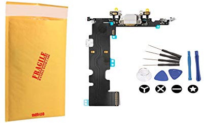 (md0410) Replacement Part Compatible for iPhone 8 Plus White - Silver Charging Port Charge Dock Connector Charger mic Flex Ribbon Cable with Tools Kit