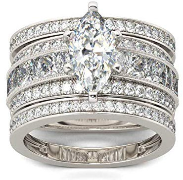 Jeulia 3 Stück Damen Ringe Set Sterling Silber Marquise-Schliff Diamant Ringe Schmuck für Braut Hochzeit Band Verlobungsring (54 (17.2)) (Silber, 56 (17.8))