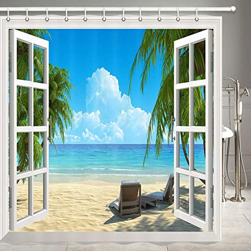 JOOCAR Garden Shower Curtain, Palm Tree Decor Ocean Beach Seascape Through White Wooden Windows Summer Scene Tropical Island Blue Green, Waterproof Cloth Fabric Bathroom Decor Set with Hooks