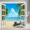 JOOCAR Garden Shower Curtain, Palm Tree Decor Ocean Beach Seascape Through White Wooden Windows Summer Scene Tropical Island Blue Green, Waterproof Cloth Fabric Bathroom Decor Set with Hooks