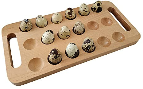 Rustic Wooden Egg Holder Tray with Handles for Easy Carrying 18 Quail Eggs for Serving Small Round Snacks and as a Chopping Board Usable in Refrigerator Made Pure Beech Wood Easy to Clean