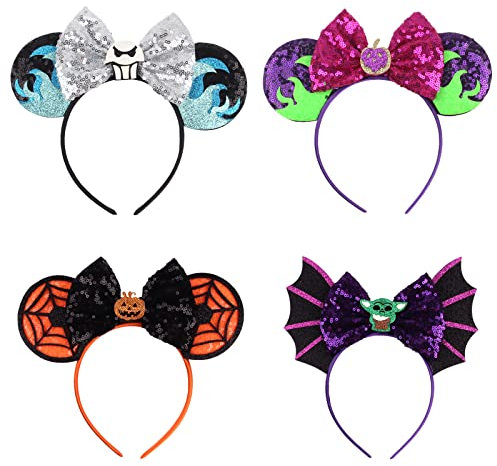 Tocwick 4 PACK Halloween Runde Maus Ohren Stirnband Kürbis Fledermaus niedliche Pailletten Haarreifen für Halloween Party Cosplay Kostüm Zubehör Park Trip Set