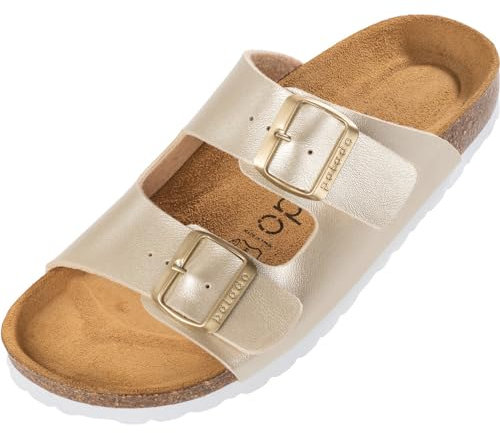 Palado Pantoletten Damen Korfu Metallic - gefertigt in Spanien - edles Metallic-Design - Veloursleder-Decksohle - ergonomisches Weichfußbett - EVA-Sohle Gold UK6 - EU39