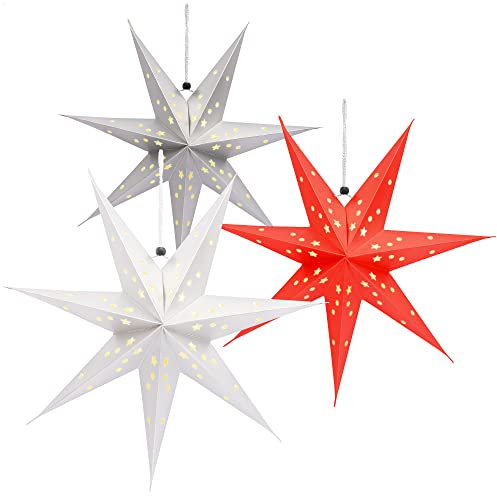 com-four® 3X Leuchtstern in 3D mit LEDs - Weihnachtsstern mit LED Beleuchtung und Timer - Premium Papierstern zum Aufhängen