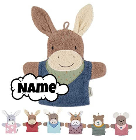 Sterntaler Waschlappen Kinder personalisiert | Waschhandschuh | Waschlappen Frottee mit Namen bestickt | 100% Baumwolle | Baby Geschenke (Emilius Esel mittelblau)