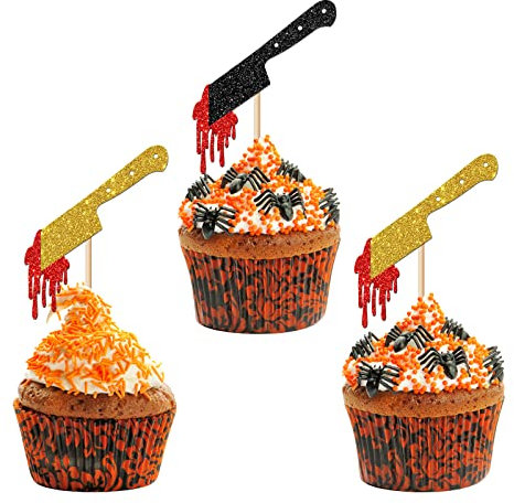 Ambishi 24pcs Glitter Killer Birthday Cupcake Toppers, Halloween Scary Bloody Knife Cupcake Toppers, Halloween Classic Horror Movie Friday Birthday Party Decorations