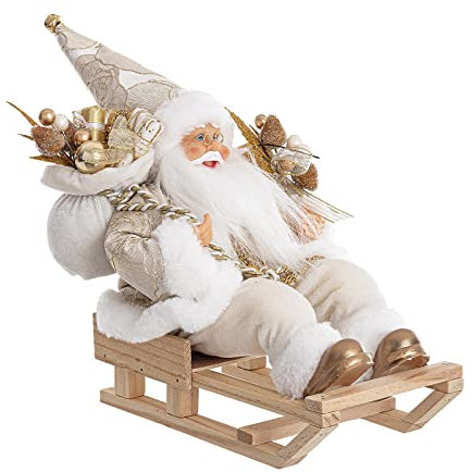 Magie di Natale Sitzender Weihnachtsmann mit Schlitten mit Geschenken und dichtem Bart Figur Champagner aus Polyester
