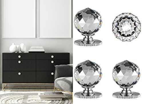 Stargallery Lot de 4 boutons ronds autocollants en cristal de 40 mm de diamètre avec adhésif pour armoire, miroir, placard, fenêtre, porte coulissante (argenté)