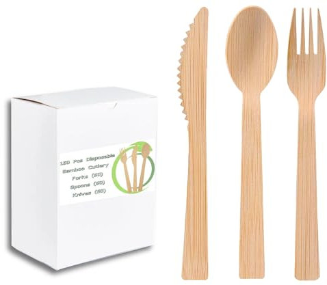 150 pcs Bamboo Cutlery Set (3 x 50 pcs) | Disposable Wooden Spoon, Fork, Knife Eco Friendly Picnic, BBQ, Party, Event, Camping, Travel | Biodegradable